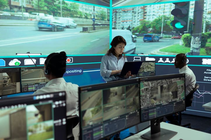 Control room operators monitoring traffic on large screens
