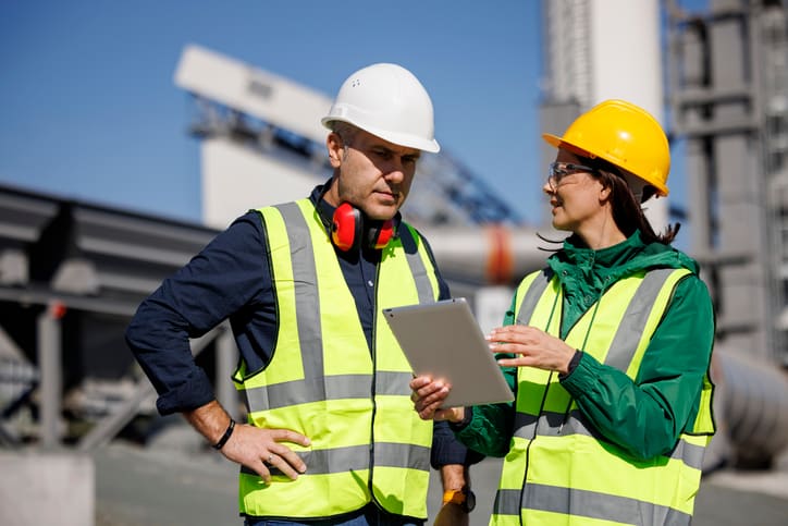 Engineers talking and looking at tablet at industrial facility