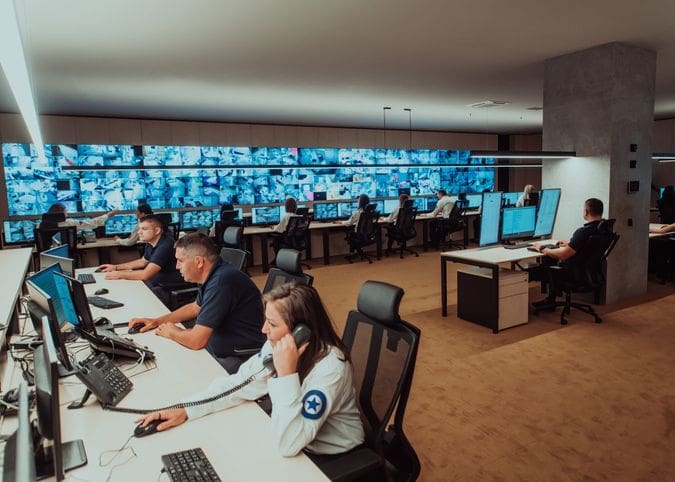 Security data center operators working in a CCTV monitoring room