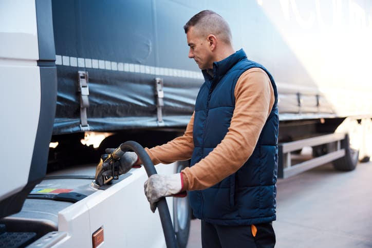 Semi-truck being refueled by mid adult truck driver