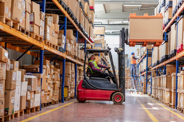 Uniformed Worker Driving and Loading Cardboard Boxes with Forklift