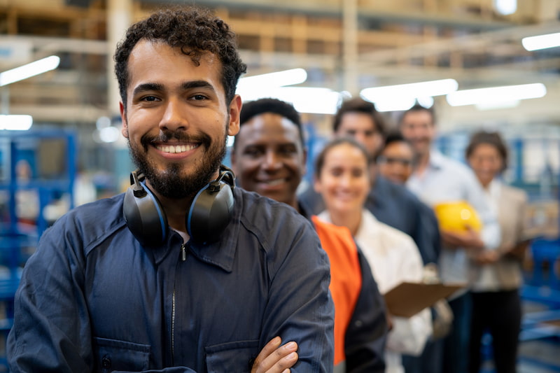 smiling workers in a factory standing in a row