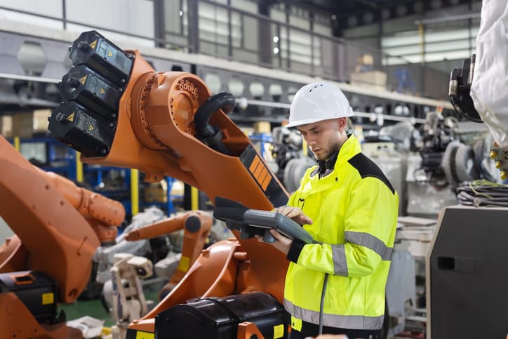 worker operates industrial robot arm